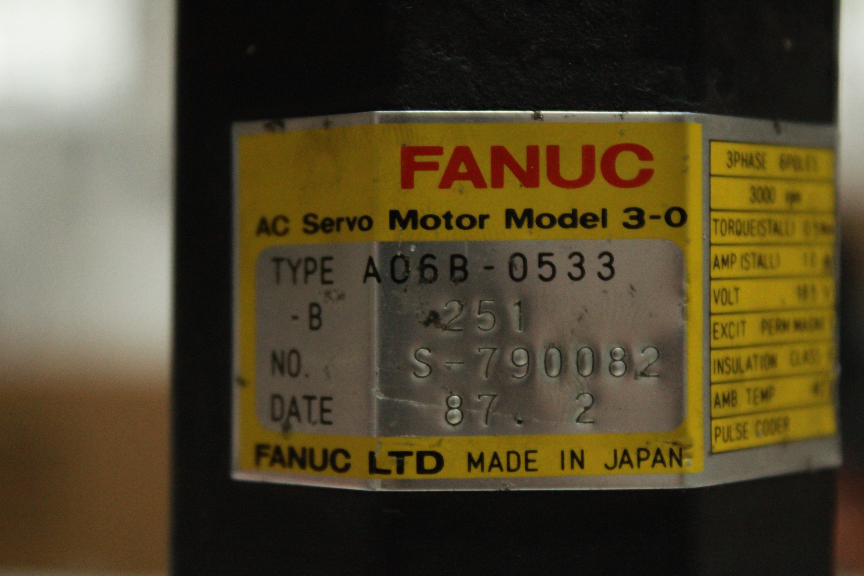 A06B-0533-B251 AC Motor Fanuc Model 3-0S - Etiqueta | Fanuc A06B-0533-B251