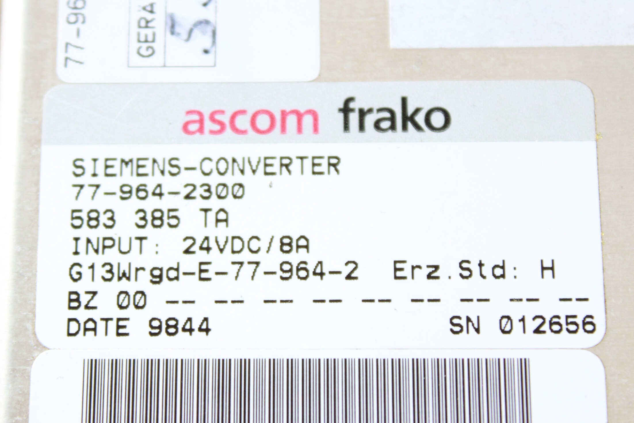 Siemens-Converter Ascom Frako - Vista Traseira | Siemens 77-964-2300 / 6FC5247-0AA17-0AA1 77-964-4300